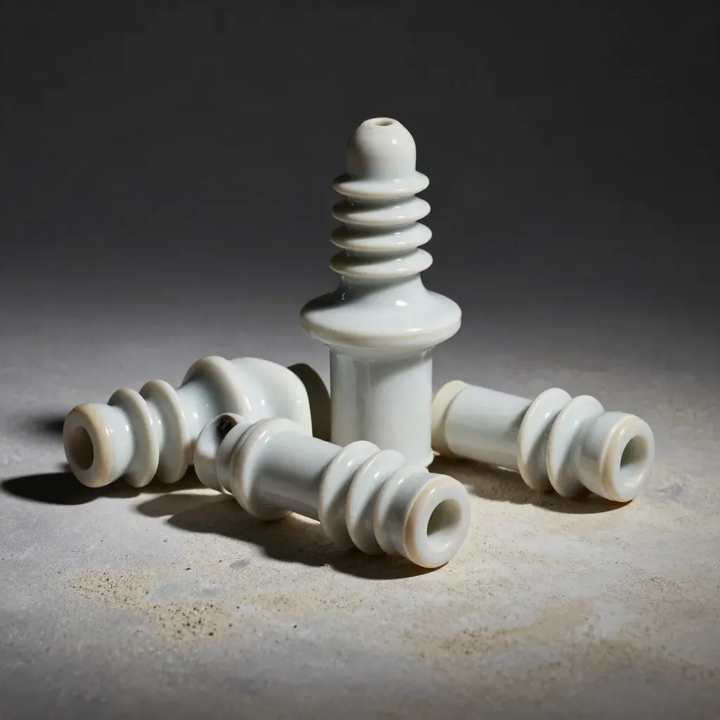 Porcelain insulator, connector caps, and ceramic fuse body on pale plaster