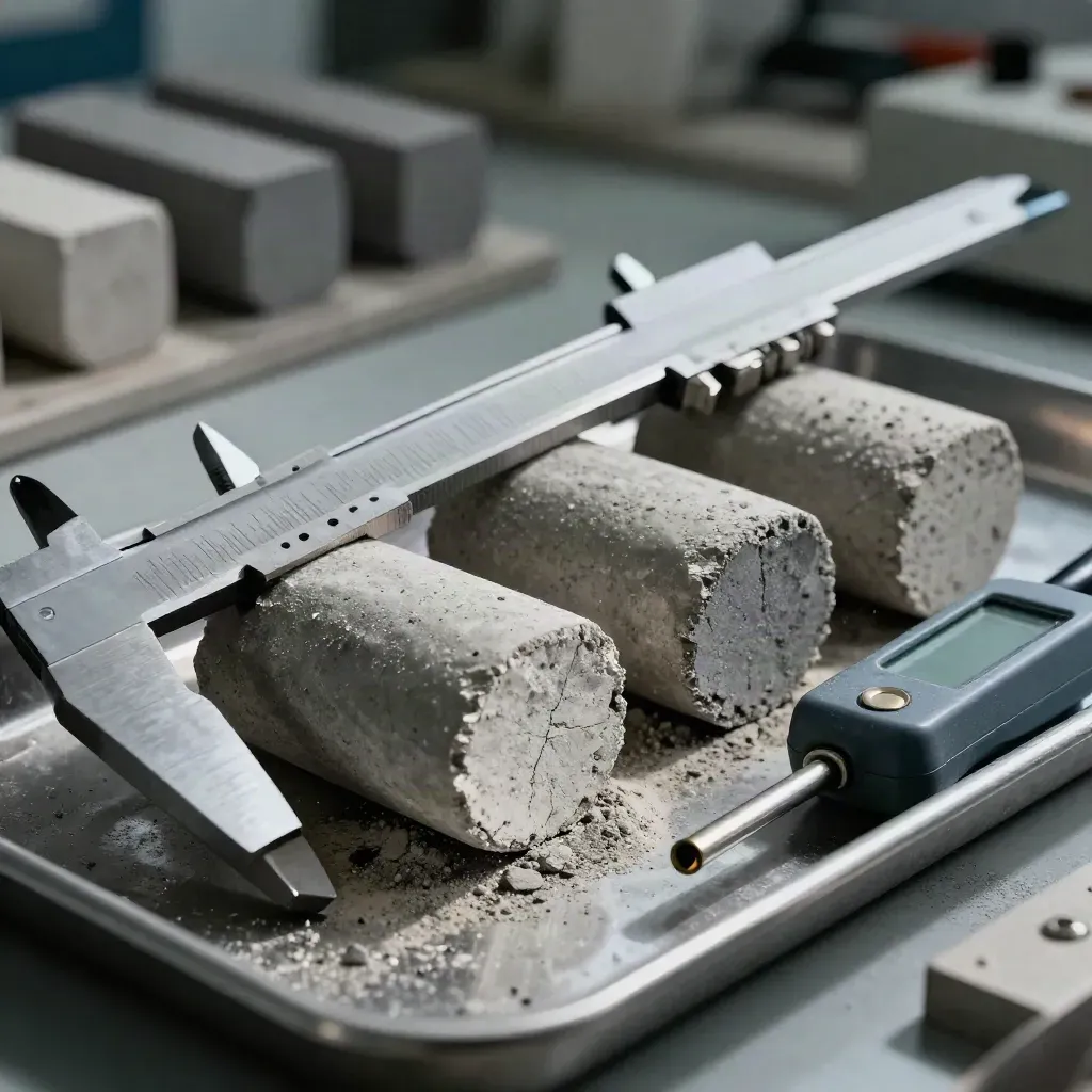 Geotechnical core samples, caliper jaws, and a moisture meter on a steel tray in raking light.