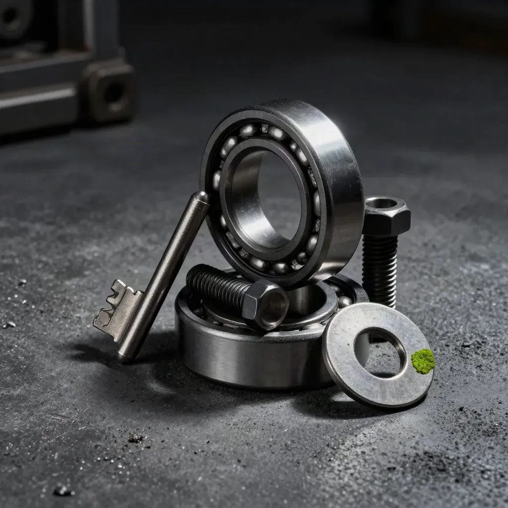 Bearing races, hex bolts and a torque-marked washer on dark concrete, lit dramatically from above.