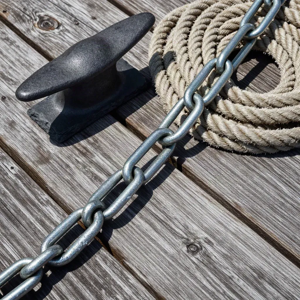 Marine cleat, shackles and coiled rope on salt-worn wood, top-down editorial still life.