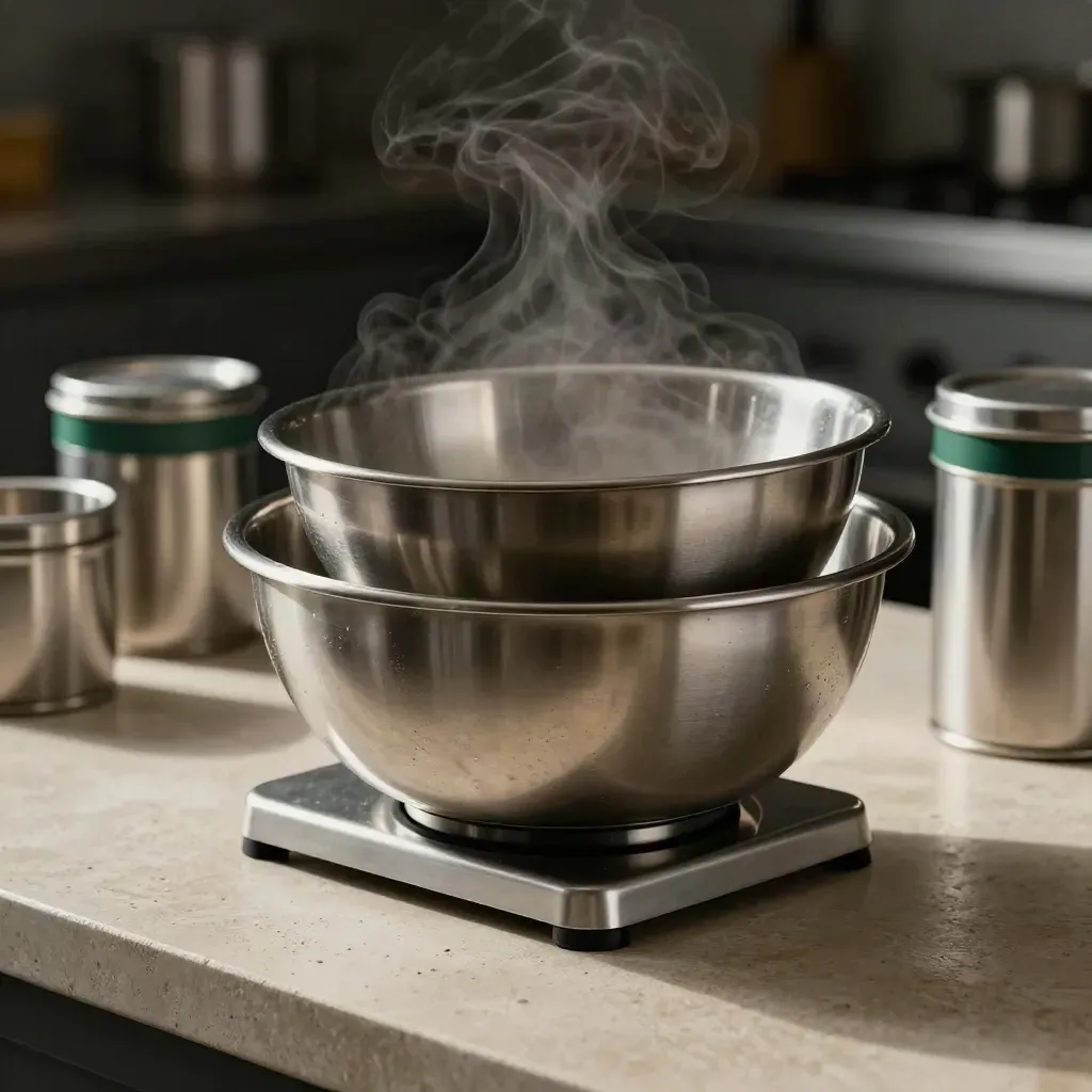 Stainless prep scale, nested bowls and ingredient tins on pale stone with steam.