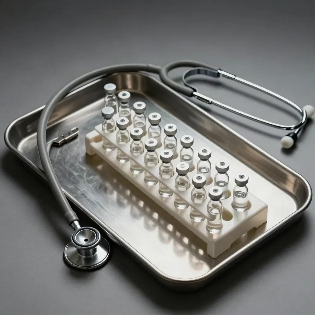 Stethoscope, specimen tube rack, and medicine vial tray on brushed metal