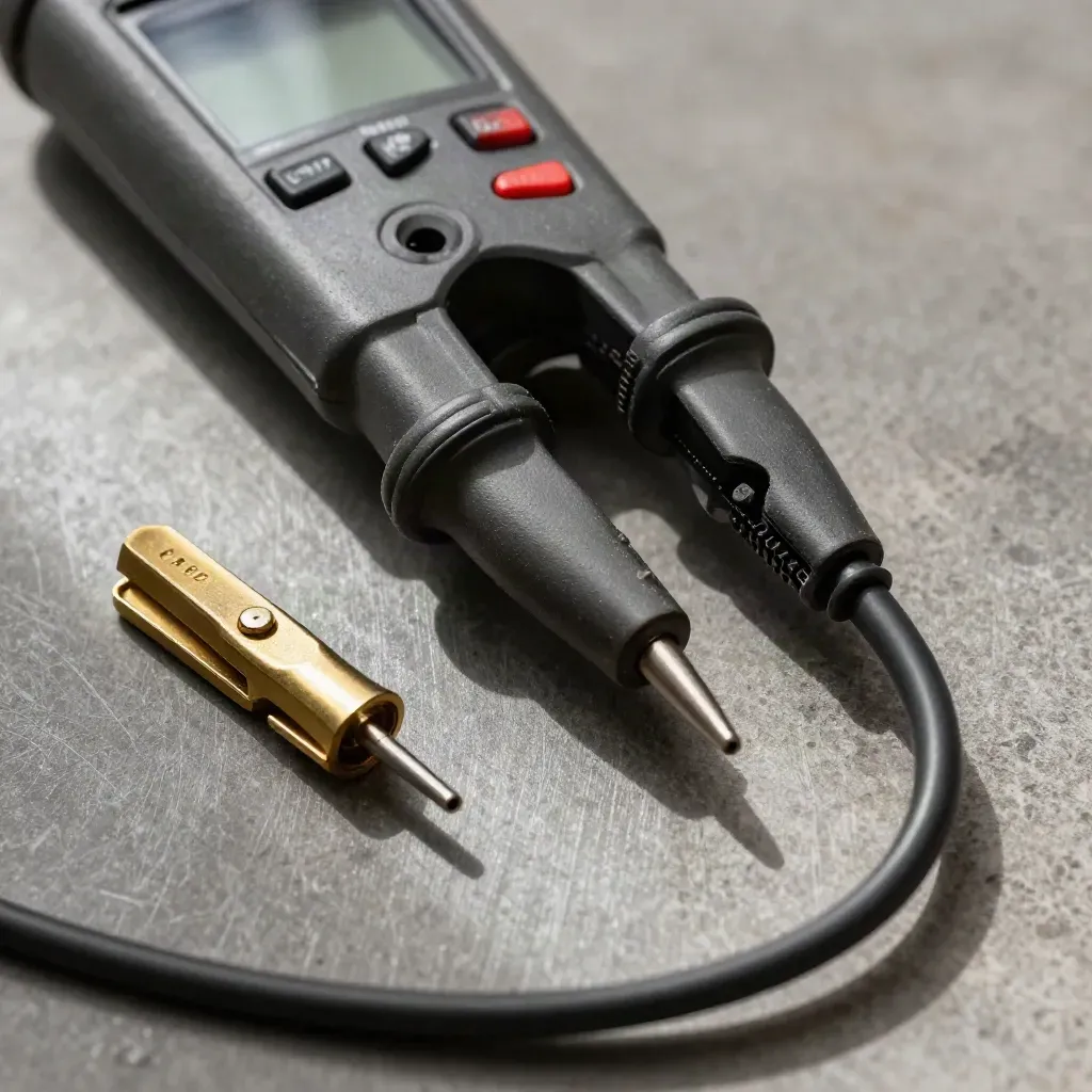 Clamp meter with twin probes and brass grounding clip on graphite surface, straight-down macro.