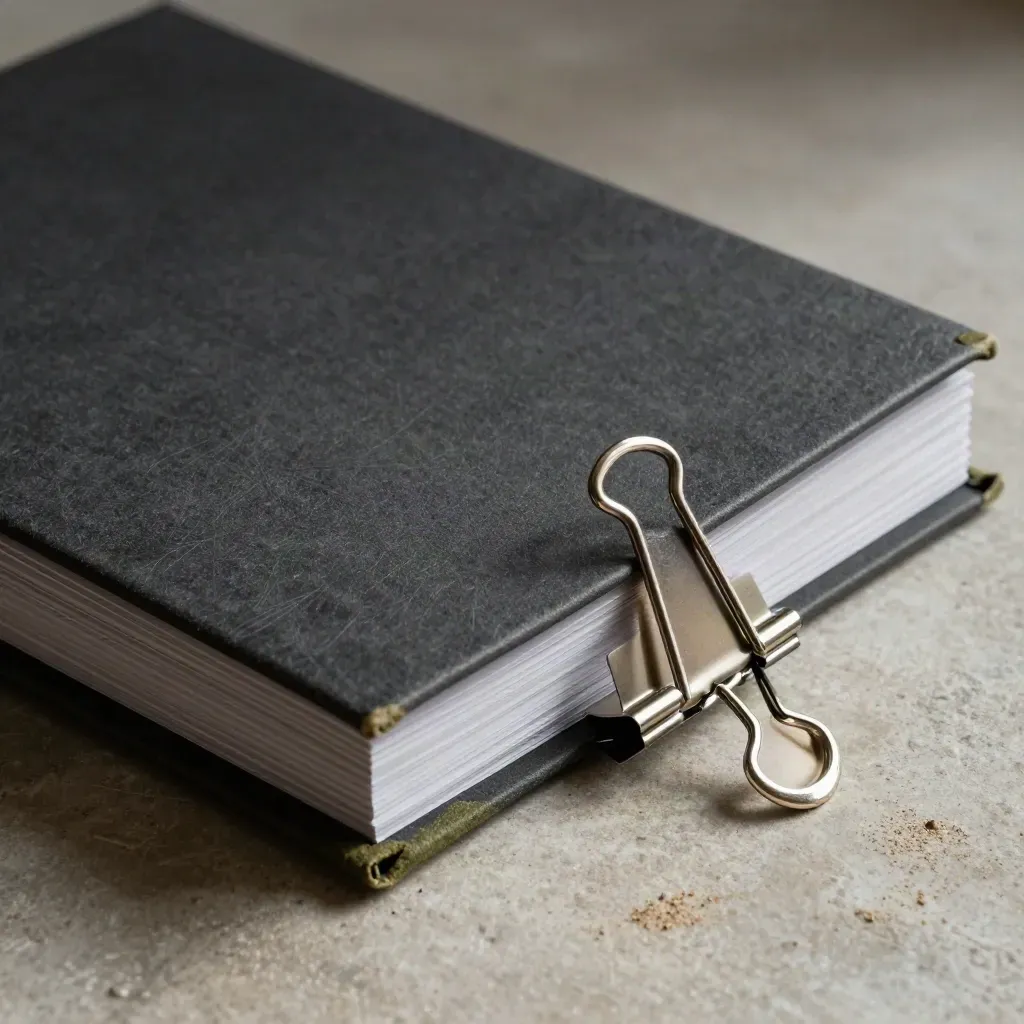 Archival ESG report folio with metal dividers and binder clips on pale stone