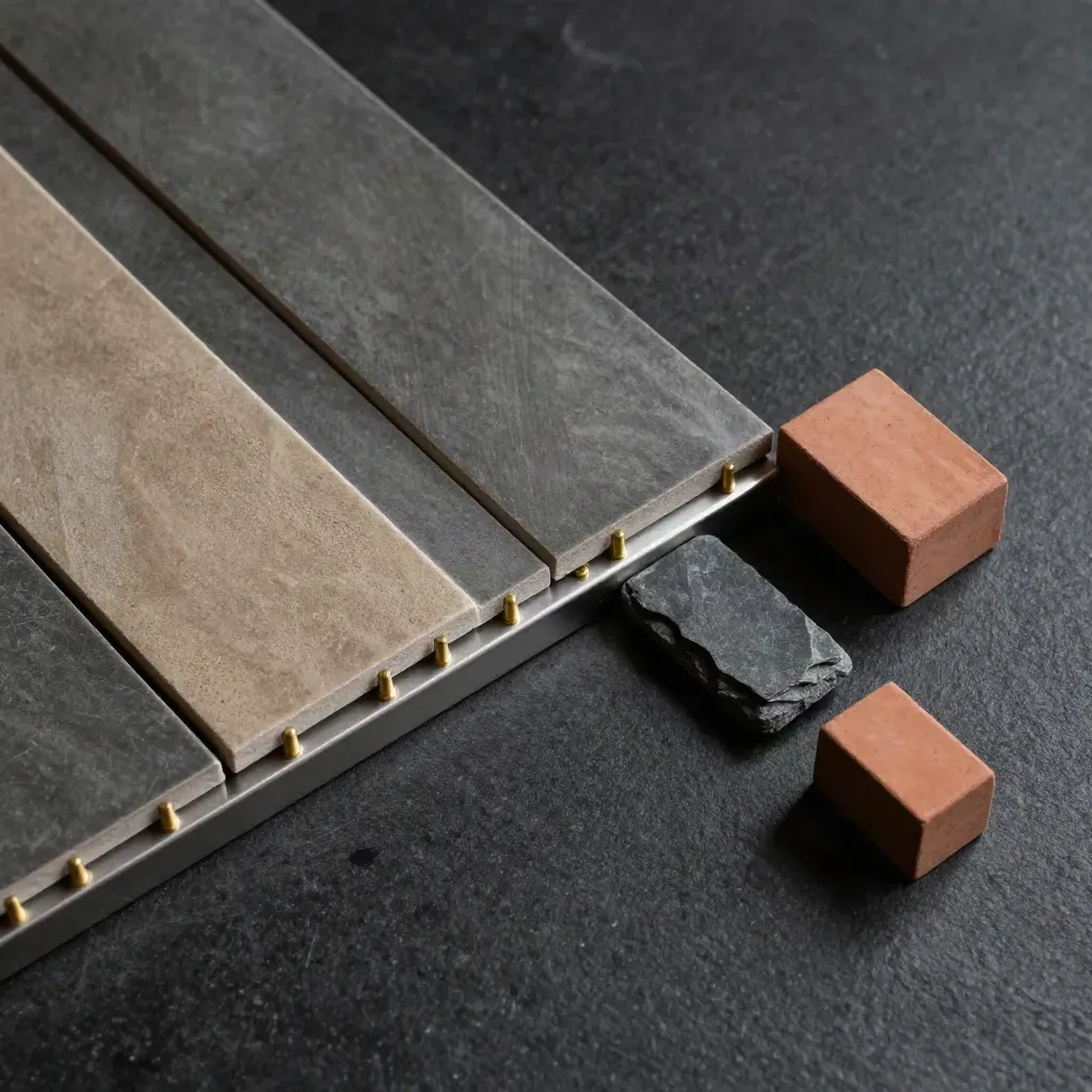 Brass-pinned modular planning blocks on a graphite stone surface, angled in a clean roadmap sequence