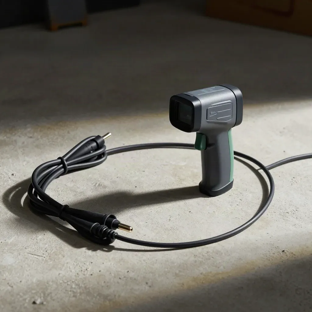 Power logger, infrared thermometer, and coiled leads on pale concrete in dramatic light