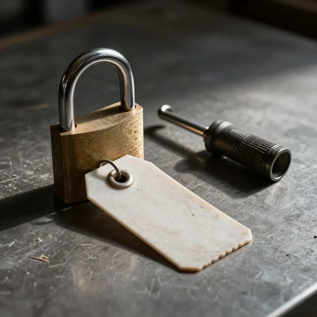 Lockout padlock, sealed inspection tag and site torch on brushed steel under raking light.