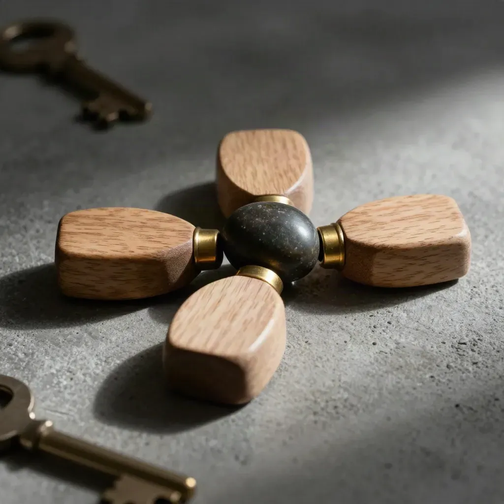 Wooden speaking tokens with brass bases and a stone pebble on concrete, in close-up.