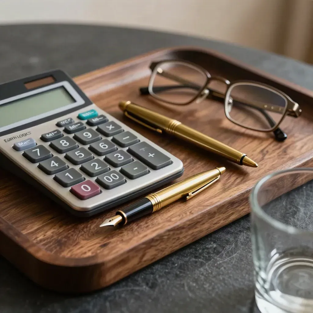 Macro still life of calculator, brass pen and reading glasses on a walnut tray seen through blurred glass.