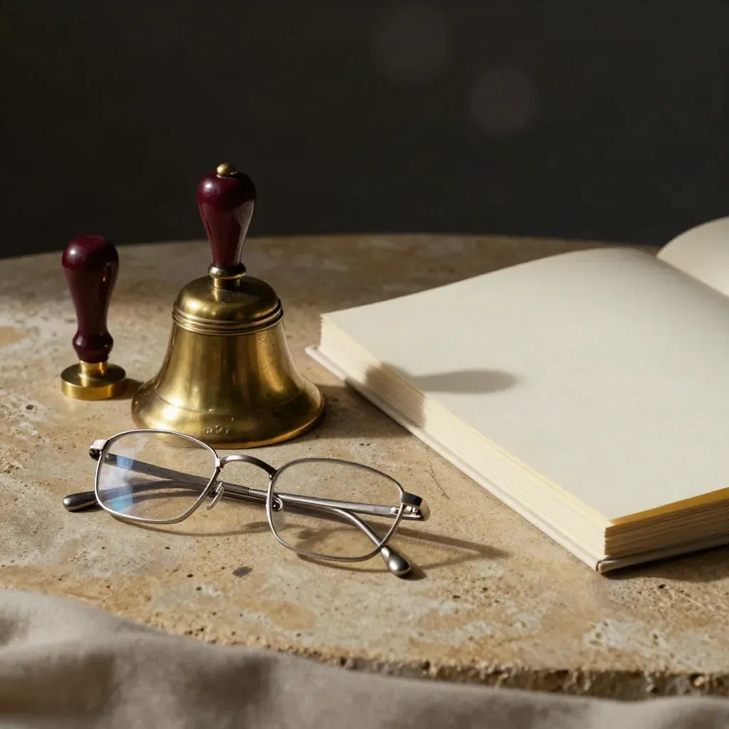 Brass meeting bell, seal stamp and silver glasses on sand stone under dramatic light.