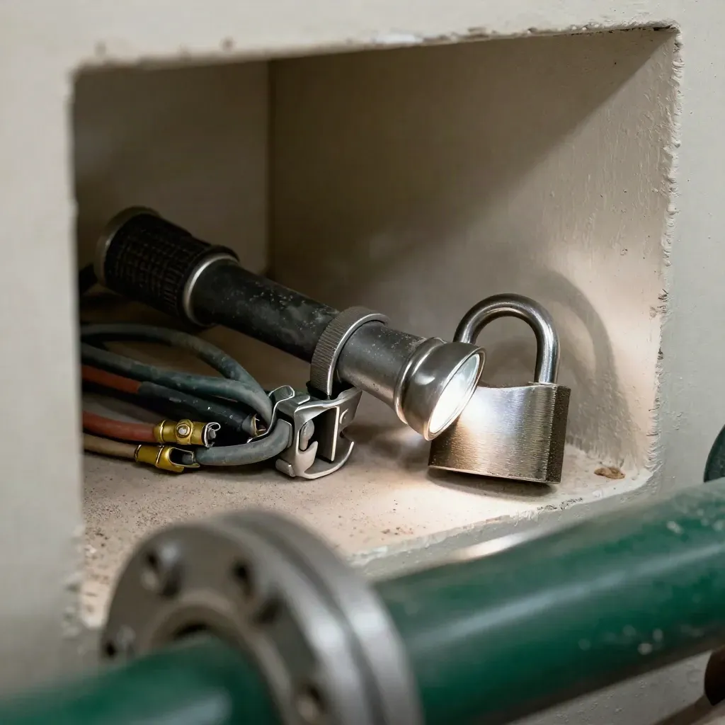 Inspection torch, padlock and test leads on plaster, shot through a blurred pipe flange.
