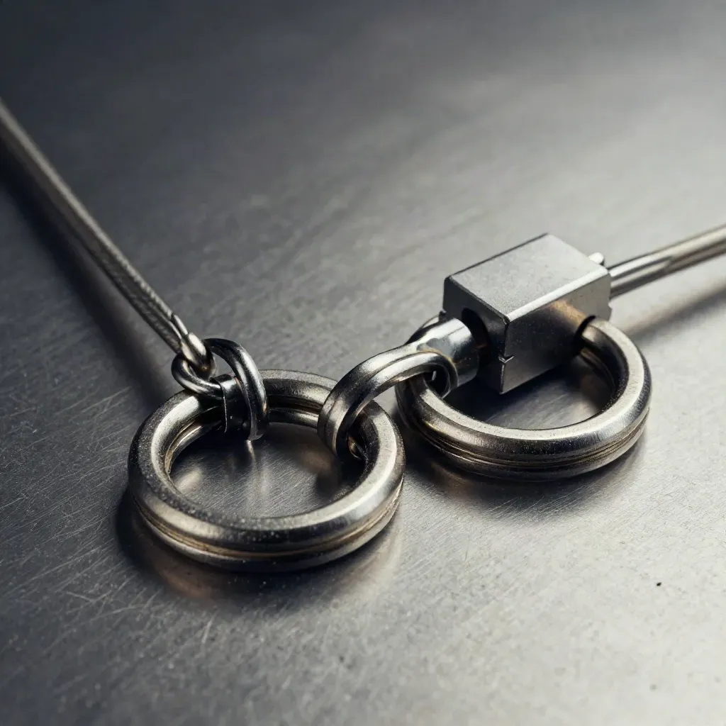 Top-down still life of metal rings, cable clips and a connector block on brushed metal.