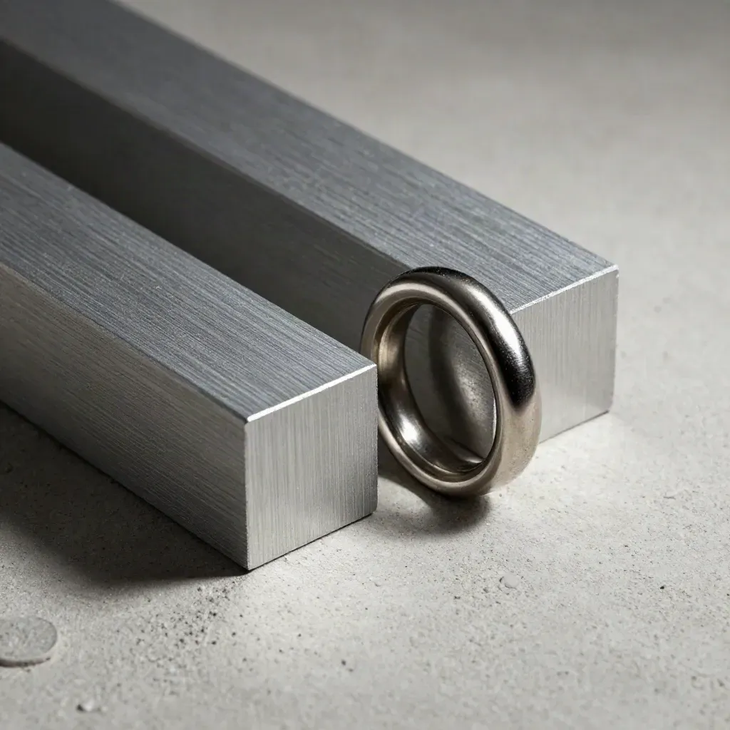 Macro still life of aluminium blocks, hex spacer, and linked ring on pale concrete.