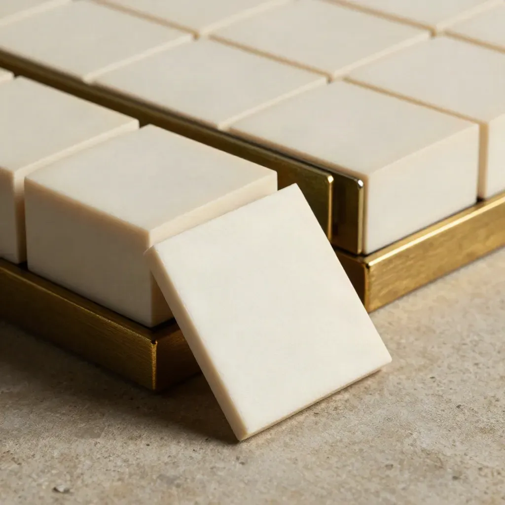 Ivory index tiles, brass separators and a paperweight on warm stone, lit in a calm macro still life.
