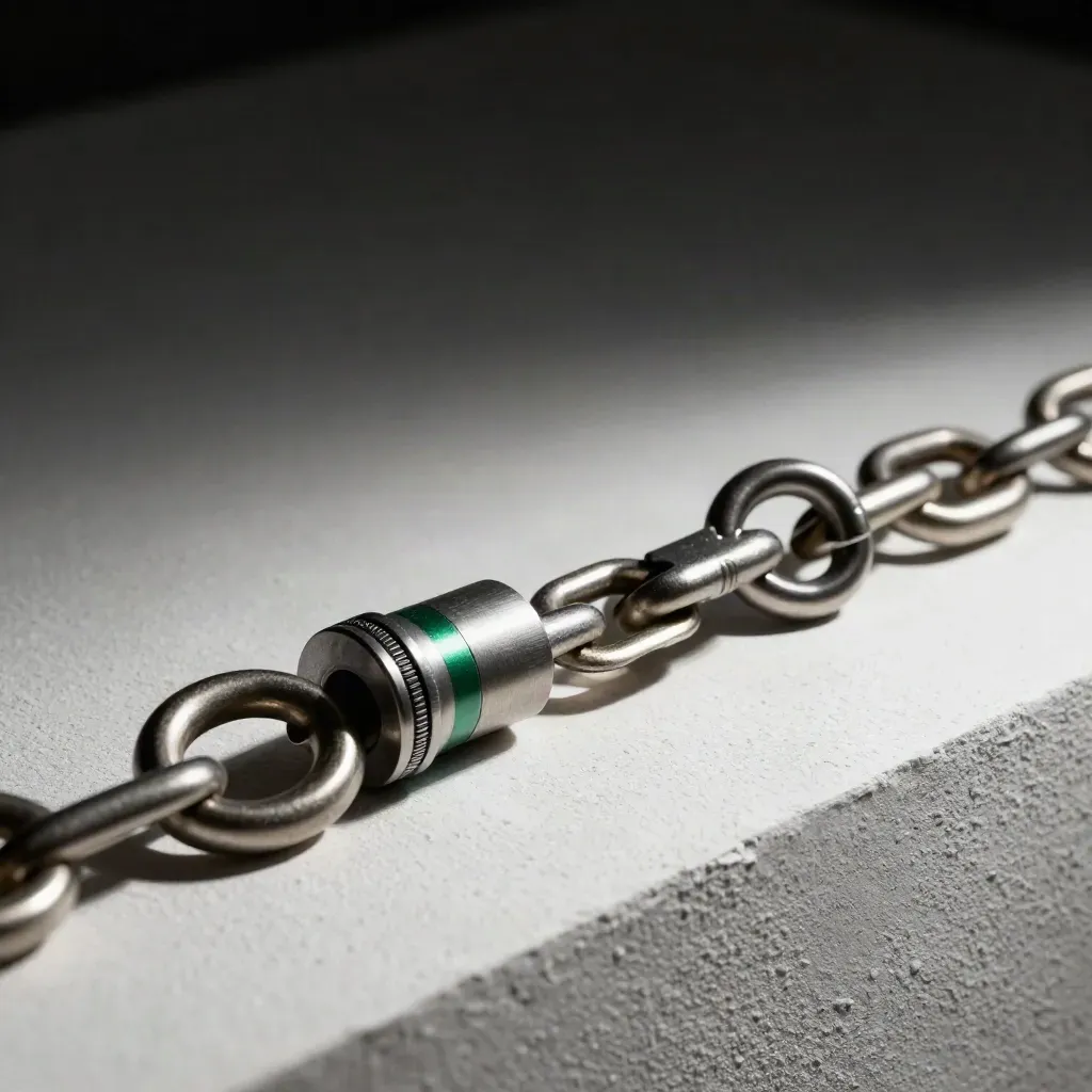 Graphite connectors and linked rings on pale plaster, lit dramatically with a subtle green accent.