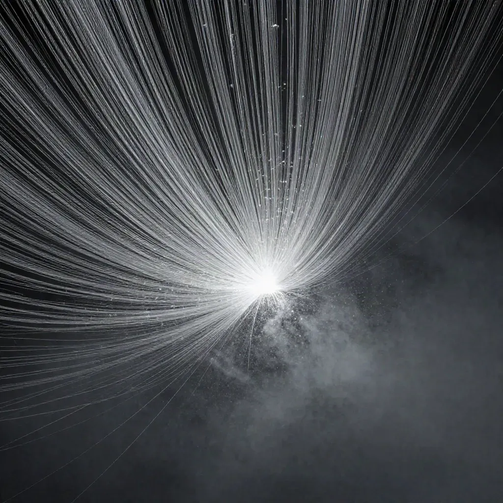 Silver filaments bloom in graphite space with drifting pale motes